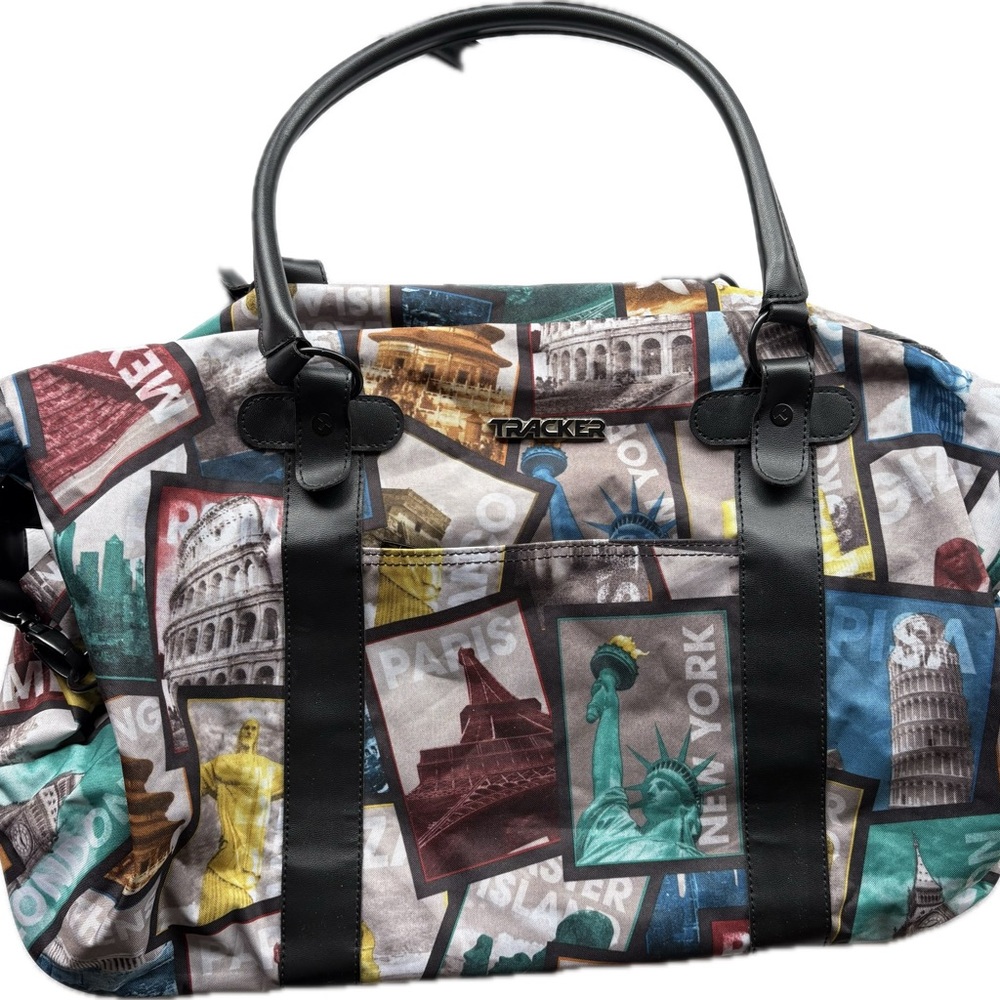 Printed Waterproof Nylon Travel Weekender Duffel Bag in Postcard Print